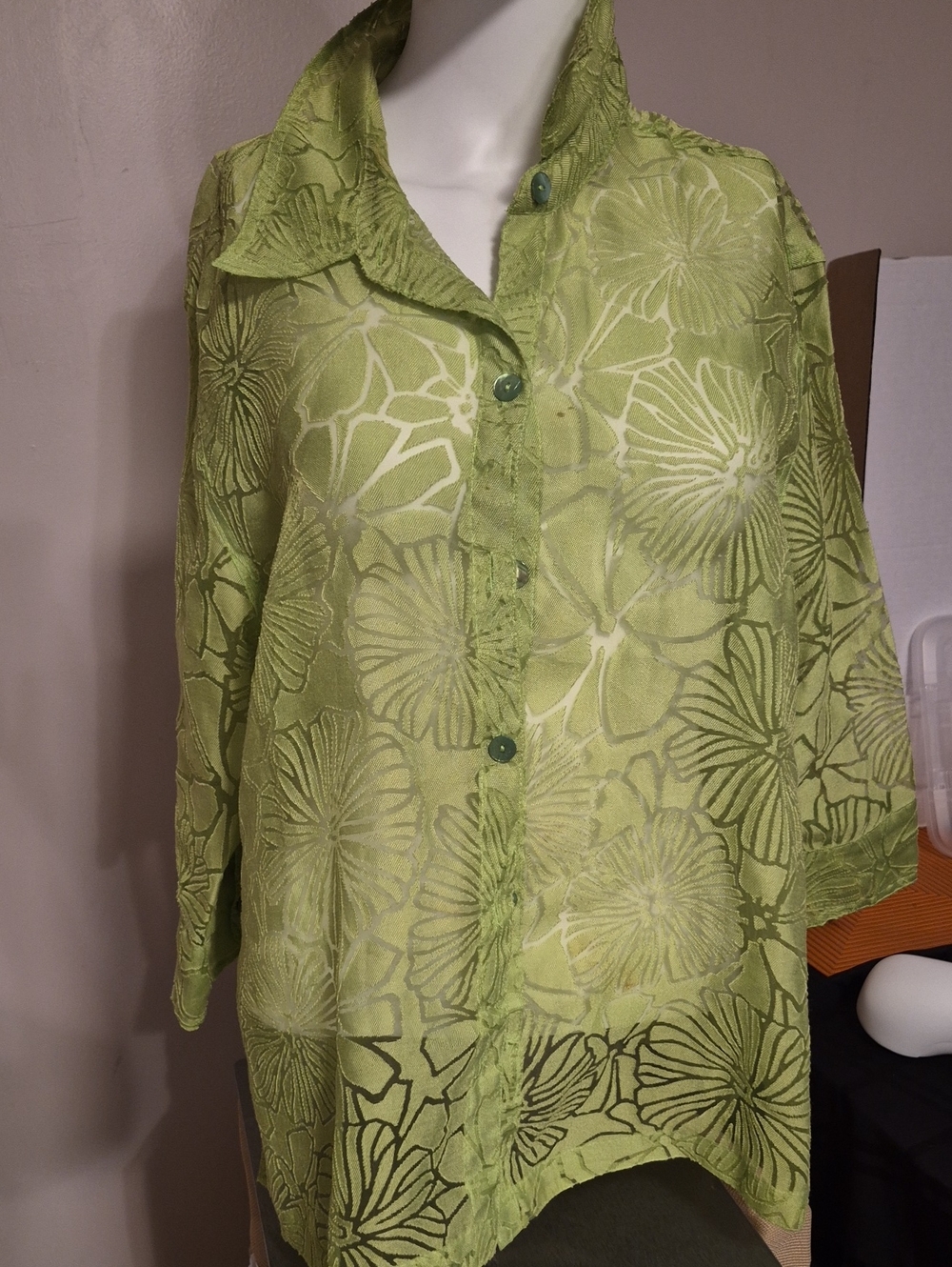 Choices Lime Green Floral Sheer Button-Down Top Size Large
